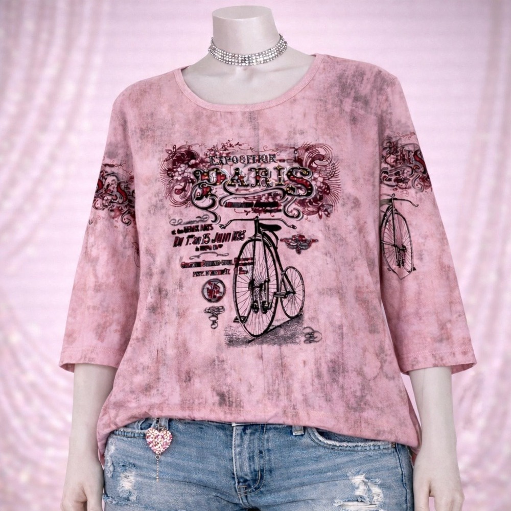 Susan Lawrence Paris Bicycle Graphic Tunic Top Plus Size 2X USA Made Y2K